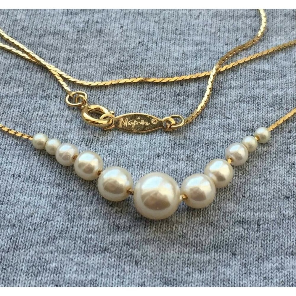 VTG! Napier Faux Pearl Necklace Couture Designer long 30" Gold Tone signed
